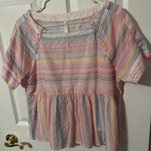 Anthropologie White Neon Embroidered Rainbow Letty Babydoll Blouse Small